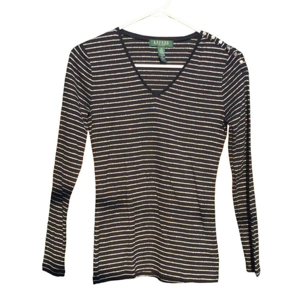 Ralph Lauren womens striped shirt PS Petite Small silver black metallic button